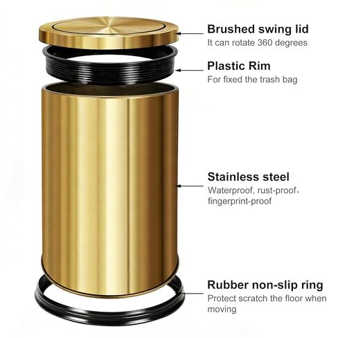 Stainless Steel Gold Trash can with Flipping Lid 2.4gallon Fingerprint-Proof Garbage cans Wastebasket Bin for Kitchen bothroom Living Room (Gold) in Saudi Arabia