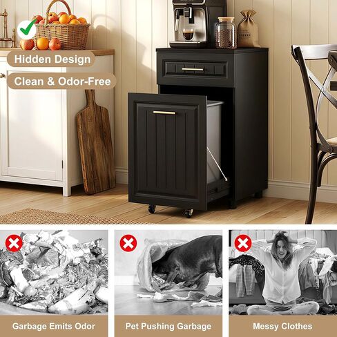 خزانة سلة المهملات القابلة للسحب من ZIFTY بسعة 13 جالونًا، خزانة سلة مهملات المطبخ القائمة بذاتها مع درج مخبأ، خزانة إعادة تدوير القمامة المخفية المقاومة للحيوانات الأليفة للمطبخ والغسيل وغرفة المعيشة، باللون الأسود in Kuwait
