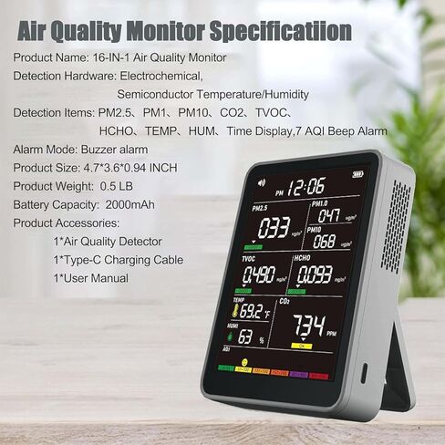 جهاز مراقبة جودة الهواء الداخلي الاحترافي مع تنبيهات AQI، كاشف محمول في الوقت الحقيقي للمنزل والسيارة والنباتات والحيوانات الأليفة in Kuwait