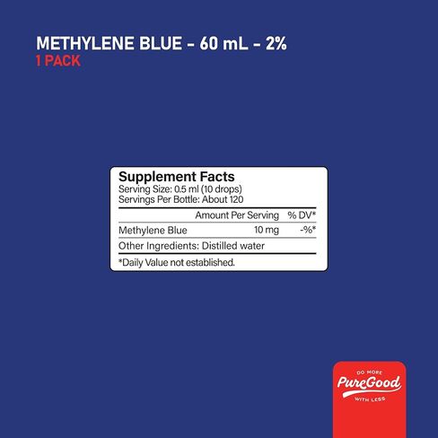 الدرجة الصيدلانية الميثيلين الأزرق 2 ٪ (60 مل) ، جهة خارجية اختبار USP من الدرجة للبشر ، فورمالديهايد والكحول الخالي من الميثيلين الأزرق الصيدلاني في زجاجة قطرة العنبر in Kuwait