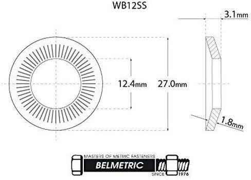 (25 قطعة) BelMetric M12 الفولاذ المقاوم للصدأ Belleville مضلع "Rip-Lock" مخروطي الشكل بقفل زنبركي WB12SS in Kuwait