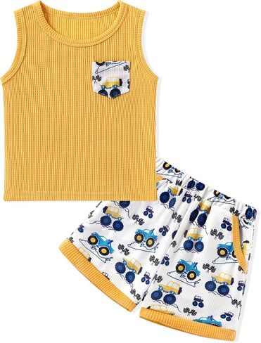 Toddler Boy Clothes Boys Summer Outfits 2 Piece Clothing Set 1-5T | Toddler Boy Summer Outfits Sleeveless Waffle-Knit Tank Tops T-Shirt+Casual Shorts Sets, Little Boys Clothes in Saudi Arabia