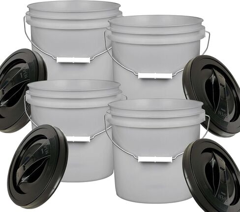 دلو من البلاستيك باللون الرمادي سعة 2 جالون من House Naturals، خالٍ من مادة BPA (عبوة من 4 قطع) (مع برغي أسود على الغطاء) in Kuwait