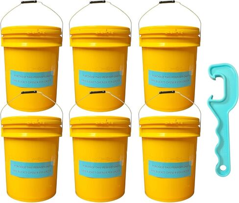 Free Tool! 5 Gallon Bucket Yellow 6 Pack with lid, Food Grade, Metal Handles with Plastic Grip for Easy Stack and Store, All Purpose Pail, Premium HPDE, Includes Free Opener in Kuwait