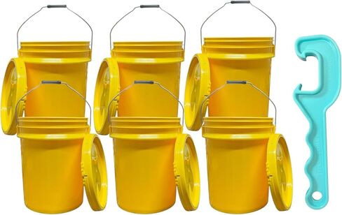 Free Tool! 5 Gallon Bucket Yellow 6 Pack with lid, Food Grade, Metal Handles with Plastic Grip for Easy Stack and Store, All Purpose Pail, Premium HPDE, Includes Free Opener in Kuwait
