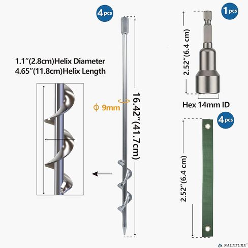 NACETURE 18-Inch Ground Anchors Screw in, Heavy Duty Trampoline Anchor Kit with L Brackets, 4 Pack Screw In Ground Anchors with Manual & Power Wrench, Tie-Down Straps for Trampoline in Saudi Arabia