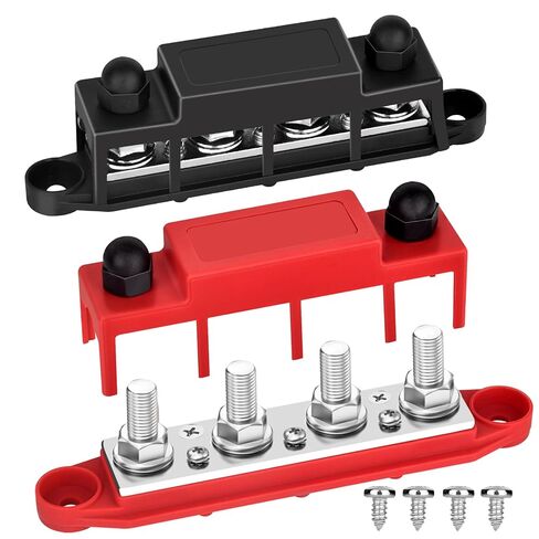 شريط ناقل كتلة توزيع الطاقة، 4 × 5/16 بوصة (M8) 12 فولت 250 أمبير قضيب توصيل طرفي للبطارية، الطاقة الشمسية، RV، القارب، السيارات - إيجابي وسالب (زوج، أحمر وأسود) in Kuwait