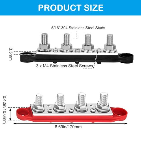 شريط ناقل كتلة توزيع الطاقة، 4 × 5/16 بوصة (M8) 12 فولت 250 أمبير قضيب توصيل طرفي للبطارية، الطاقة الشمسية، RV، القارب، السيارات - إيجابي وسالب (زوج، أحمر وأسود) in Kuwait