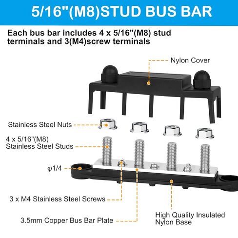 شريط ناقل كتلة توزيع الطاقة، 4 × 5/16 بوصة (M8) 12 فولت 250 أمبير قضيب توصيل طرفي للبطارية، الطاقة الشمسية، RV، القارب، السيارات - إيجابي وسالب (زوج، أحمر وأسود) in Kuwait
