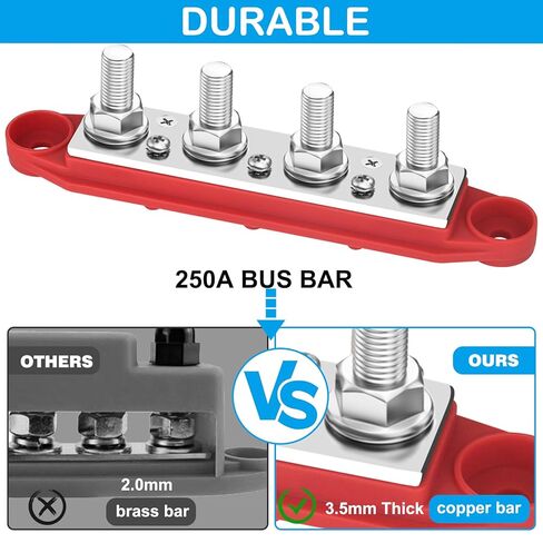 شريط ناقل كتلة توزيع الطاقة، 4 × 5/16 بوصة (M8) 12 فولت 250 أمبير قضيب توصيل طرفي للبطارية، الطاقة الشمسية، RV، القارب، السيارات - إيجابي وسالب (زوج، أحمر وأسود) in Kuwait