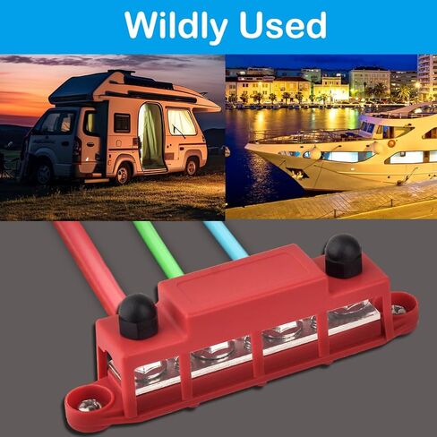 شريط ناقل كتلة توزيع الطاقة، 4 × 5/16 بوصة (M8) 12 فولت 250 أمبير قضيب توصيل طرفي للبطارية، الطاقة الشمسية، RV، القارب، السيارات - إيجابي وسالب (زوج، أحمر وأسود) in Kuwait