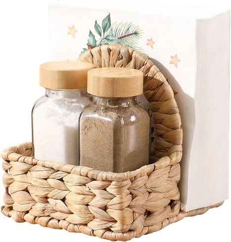Napkin Holder for Table with Salt and Pepper Shakers, Natural Woven Water Hyacinth Includes 2 Glass Shakers, Tabletop Organizer for Kitchen, Home, Dining and Bar in Saudi Arabia