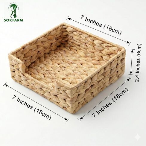 حامل مناديل صفير الماء - صينية مناديل مربعة من الخوص لطاولة الطعام، طاولة المطبخ - ديكور مزرعة بوهو ريفي - سلة مناشف للضيوف من الأعشاب البحرية المنسوجة يدويًا (7 × 7 بوصة، طبيعية) in Kuwait