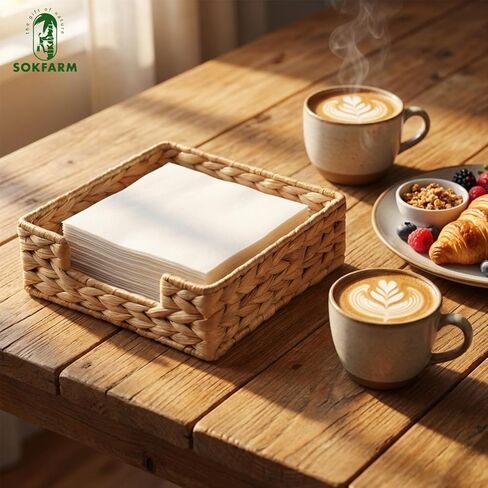 حامل مناديل صفير الماء - صينية مناديل مربعة من الخوص لطاولة الطعام، طاولة المطبخ - ديكور مزرعة بوهو ريفي - سلة مناشف للضيوف من الأعشاب البحرية المنسوجة يدويًا (7 × 7 بوصة، طبيعية) in Kuwait