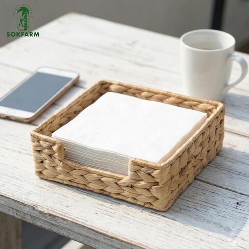 حامل مناديل صفير الماء - صينية مناديل مربعة من الخوص لطاولة الطعام، طاولة المطبخ - ديكور مزرعة بوهو ريفي - سلة مناشف للضيوف من الأعشاب البحرية المنسوجة يدويًا (7 × 7 بوصة، طبيعية) in Kuwait