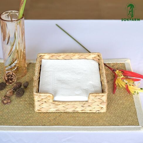 حامل مناديل صفير الماء - صينية مناديل مربعة من الخوص لطاولة الطعام، طاولة المطبخ - ديكور مزرعة بوهو ريفي - سلة مناشف للضيوف من الأعشاب البحرية المنسوجة يدويًا (7 × 7 بوصة، طبيعية) in Kuwait