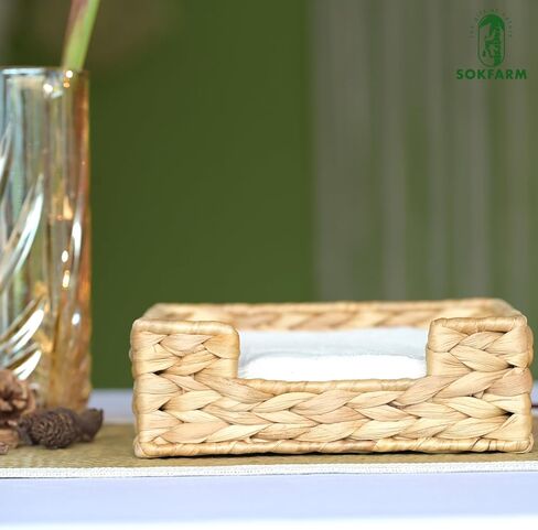 حامل مناديل صفير الماء - صينية مناديل مربعة من الخوص لطاولة الطعام، طاولة المطبخ - ديكور مزرعة بوهو ريفي - سلة مناشف للضيوف من الأعشاب البحرية المنسوجة يدويًا (7 × 7 بوصة، طبيعية) in Kuwait