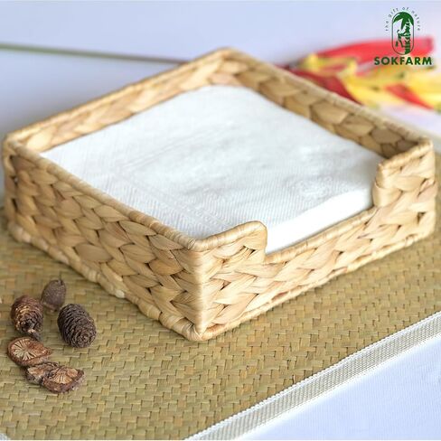 حامل مناديل صفير الماء - صينية مناديل مربعة من الخوص لطاولة الطعام، طاولة المطبخ - ديكور مزرعة بوهو ريفي - سلة مناشف للضيوف من الأعشاب البحرية المنسوجة يدويًا (7 × 7 بوصة، طبيعية) in Kuwait