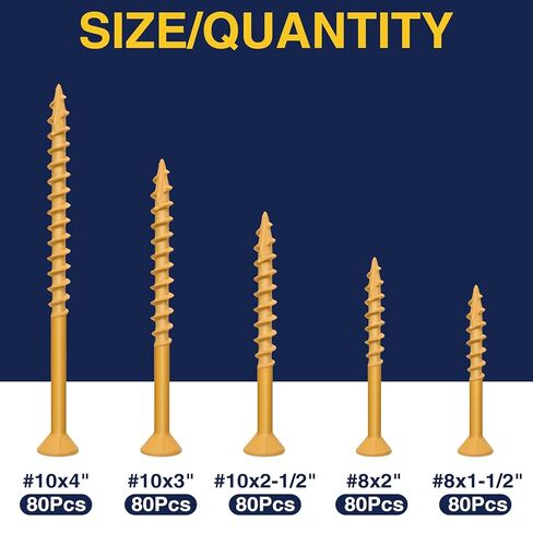 400Pcs #8#10 Wood Screws Assortment Kit - 5Sizes Assorted Deck Screws Set 1-1/2", 2", 2-1/2", 3", 4",Rust Resistant Tan Epoxy Coated Star Drive Screw T20&T25 Bits for Exterior Woodworking in Saudi Arabia