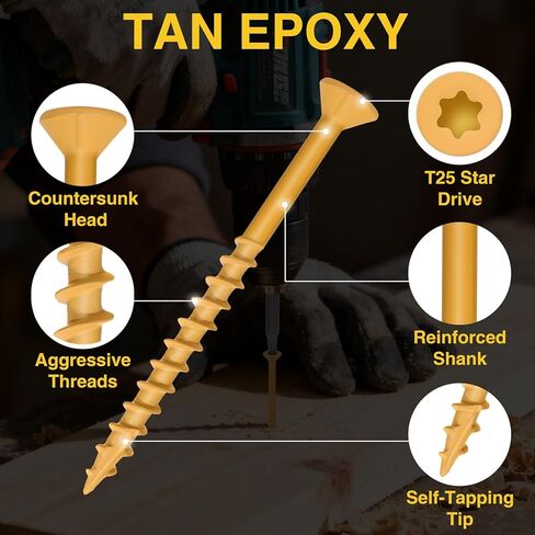 400Pcs #8#10 Wood Screws Assortment Kit - 5Sizes Assorted Deck Screws Set 1-1/2", 2", 2-1/2", 3", 4",Rust Resistant Tan Epoxy Coated Star Drive Screw T20&T25 Bits for Exterior Woodworking in Saudi Arabia