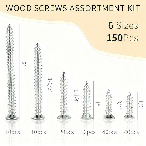 مجموعة متنوعة من البراغي الخشبية مكونة من 150 قطعة، مجموعة براغي متنوعة عالية الصلابة مكونة من 6 أحجام، محرك فيليبس، براغي طويلة وصغيرة ذاتية اللصق للخشب (2 بوصة، 1-1/2 بوصة، 1-1/4 بوصة، 1 بوصة، 3/4 بوصة، 1/2 بوصة) in Kuwait