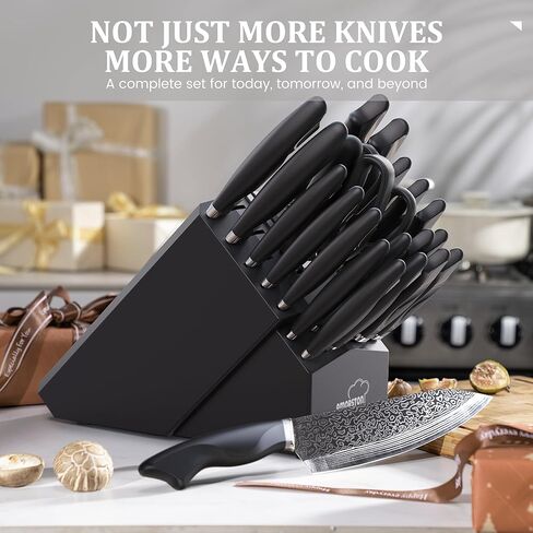 Amorston 22 Pieces Knife Set, Laser Engraved High Carbon Stainless Steel Knife Block Set, Full Tang Professional Kitchen Knife Set with Built-in Sharpener in Saudi Arabia