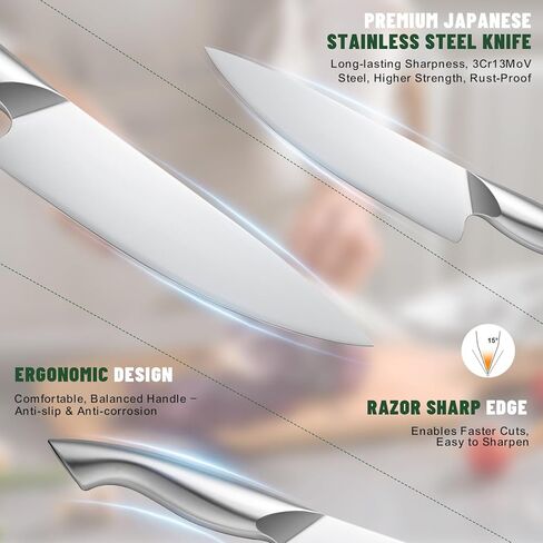 Knife Set, EWFEN 14-Piece Kitchen Knife Set with Block, German Stainless Steel Knives with Built-in Knife Sharpener, Anti-Slip Sharp Knives Set for Kitchen, Dishwasher Safe, Curved Handle in Saudi Arabia