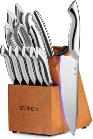 Knife Set, EWFEN 14-Piece Kitchen Knife Set with Block, German Stainless Steel Knives with Built-in Knife Sharpener, Anti-Slip Sharp Knives Set for Kitchen, Dishwasher Safe, Curved Handle in Saudi Arabia