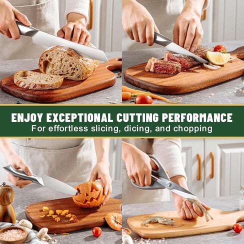 Knife Set, EWFEN 14-Piece Kitchen Knife Set with Block, German Stainless Steel Knives with Built-in Knife Sharpener, Anti-Slip Sharp Knives Set for Kitchen, Dishwasher Safe, Curved Handle in Saudi Arabia