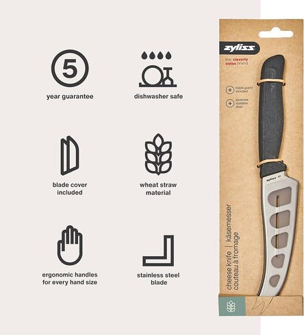 سكين الجبن زيليس - شفرة من الفولاذ المقاوم للصدأ مع فتحات غير لاصقة وطرف شوكة للتقديم - قطع أجبان ناعمة وشبه ناعمة وثابتة - مقبض من قش القمح، آمن للاستخدام في غسالة الأطباق، ضمان لمدة 5 سنوات - 5 بوصات in Kuwait
