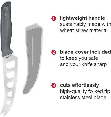 سكين الجبن زيليس - شفرة من الفولاذ المقاوم للصدأ مع فتحات غير لاصقة وطرف شوكة للتقديم - قطع أجبان ناعمة وشبه ناعمة وثابتة - مقبض من قش القمح، آمن للاستخدام في غسالة الأطباق، ضمان لمدة 5 سنوات - 5 بوصات in Kuwait