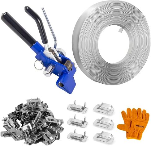 BAUSATZ Packaging Strapping Kit - Stainless Steel Banding Coil (3/4" x 100ft x 0.03") & Ear-Lokt Buckles (100pcs) - Silver - Industrial, Construction, Outdoor in Kuwait