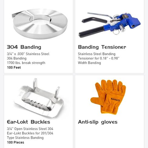 BAUSATZ Packaging Strapping Kit - Stainless Steel Banding Coil (3/4" x 100ft x 0.03") & Ear-Lokt Buckles (100pcs) - Silver - Industrial, Construction, Outdoor in Kuwait