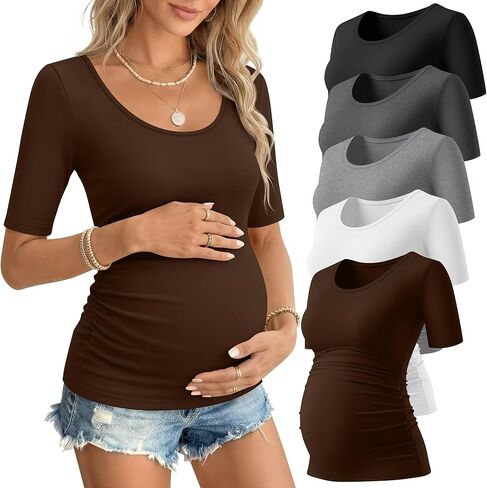 5 Pack Women's Maternity Shirts, Scoop Neck Maternity Top Casual Half Sleeve Tee Side Ruched Pregnancy Clothes in Kuwait