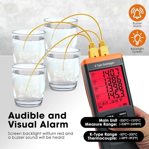 4-Channel Digital K Type Thermocouple Thermometer Data Logger with 48k DataLogging, USB Export, GLP-Compliant & Alarms, -328~2498°F Measuring Range with 4 Thermocouples & 2 Temperature Clamps for HVAC in Saudi Arabia