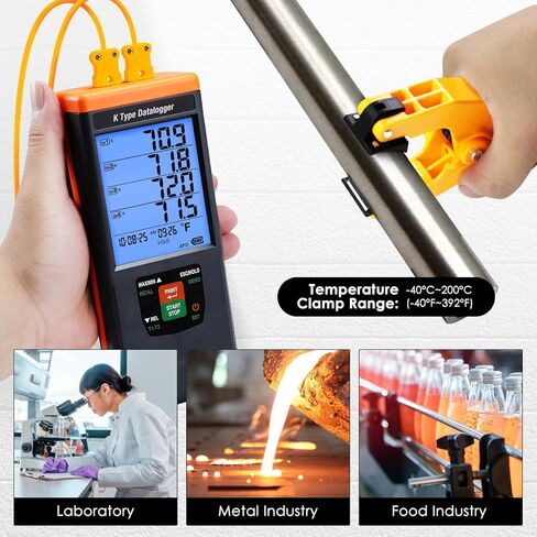 4-Channel Digital K Type Thermocouple Thermometer Data Logger with 48k DataLogging, USB Export, GLP-Compliant & Alarms, -328~2498°F Measuring Range with 4 Thermocouples & 2 Temperature Clamps for HVAC in Saudi Arabia