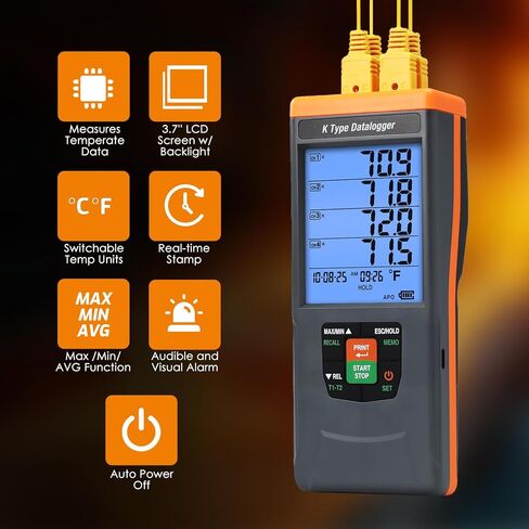 4-Channel Digital K Type Thermocouple Thermometer Data Logger with 48k DataLogging, USB Export, GLP-Compliant & Alarms, -328~2498°F Measuring Range with 4 Thermocouples & 2 Temperature Clamps for HVAC in Saudi Arabia