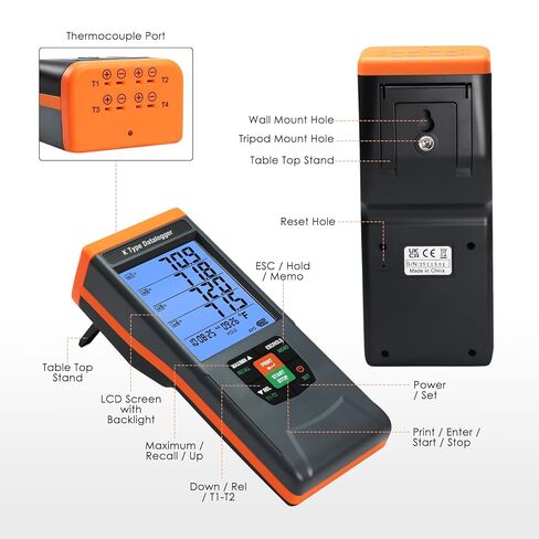 4-Channel Digital K Type Thermocouple Thermometer Data Logger with 48k DataLogging, USB Export, GLP-Compliant & Alarms, -328~2498°F Measuring Range with 4 Thermocouples & 2 Temperature Clamps for HVAC in Saudi Arabia