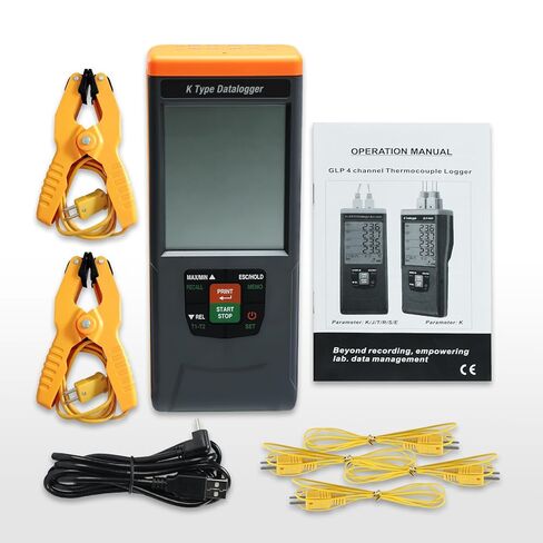4-Channel Digital K Type Thermocouple Thermometer Data Logger with 48k DataLogging, USB Export, GLP-Compliant & Alarms, -328~2498°F Measuring Range with 4 Thermocouples & 2 Temperature Clamps for HVAC in Saudi Arabia