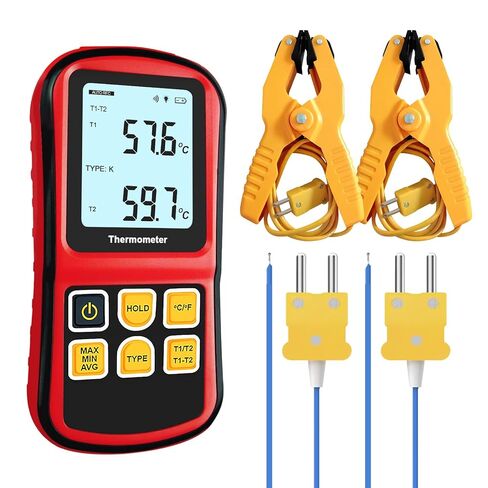 K-Type Thermocouple Thermometer Dual Channel, Digital Thermocouple Tester (-238°F to 3212°F) with 2 Wired Temp Probes & 2 Temperature Clamps, HVAC Temperature Meter for K/J/T/E/R/S/N Type in Kuwait