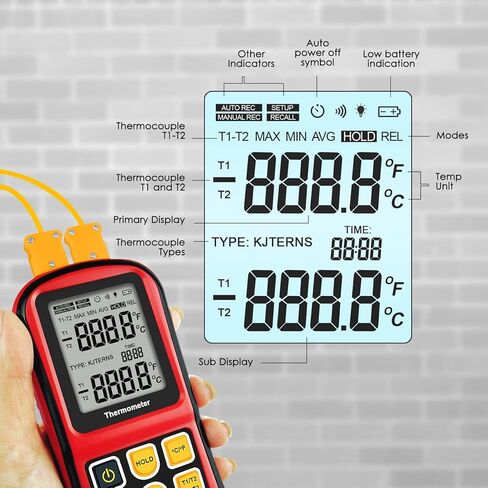 K-Type Thermocouple Thermometer Dual Channel, Digital Thermocouple Tester (-238°F to 3212°F) with 2 Wired Temp Probes & 2 Temperature Clamps, HVAC Temperature Meter for K/J/T/E/R/S/N Type in Kuwait