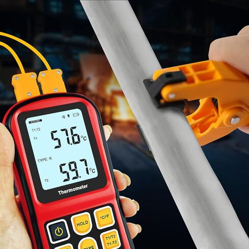 K-Type Thermocouple Thermometer Dual Channel, Digital Thermocouple Tester (-238°F to 3212°F) with 2 Wired Temp Probes & 2 Temperature Clamps, HVAC Temperature Meter for K/J/T/E/R/S/N Type in Kuwait