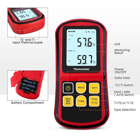 K-Type Thermocouple Thermometer Dual Channel, Digital Thermocouple Tester (-238°F to 3212°F) with 2 Wired Temp Probes & 2 Temperature Clamps, HVAC Temperature Meter for K/J/T/E/R/S/N Type in Kuwait