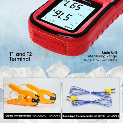 K-Type Thermocouple Thermometer Dual Channel, Digital Thermocouple Tester (-238°F to 3212°F) with 2 Wired Temp Probes & 2 Temperature Clamps, HVAC Temperature Meter for K/J/T/E/R/S/N Type in Kuwait