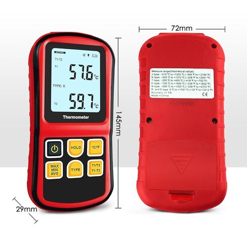 K-Type Thermocouple Thermometer Dual Channel, Digital Thermocouple Tester (-238°F to 3212°F) with 2 Wired Temp Probes & 2 Temperature Clamps, HVAC Temperature Meter for K/J/T/E/R/S/N Type in Kuwait