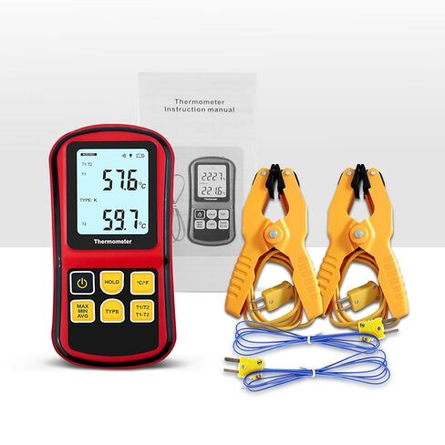 K-Type Thermocouple Thermometer Dual Channel, Digital Thermocouple Tester (-238°F to 3212°F) with 2 Wired Temp Probes & 2 Temperature Clamps, HVAC Temperature Meter for K/J/T/E/R/S/N Type in Kuwait