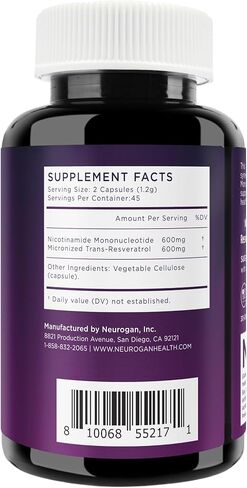 كبسولات نيوروجان إن إم إن + ريسفيراترول - دعم الصحة الخلوية والطاقة - 1200 مجم نيكوتيناميد أحادي نيوكليوتيد وترانس ريسفيراترول لكل وجبة، 90 قطعة in Kuwait