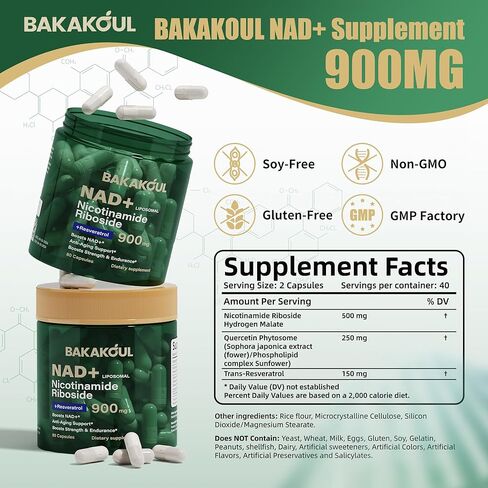NAD Supplement - Liposomal Nicotinamide Riboside, Resveratrol, Quercetin, NAD Nicotinamide Riboside Resveratrol 900mg, NAD+ Supplement for Men and Women, 80 Capsules 1 Pack in Kuwait