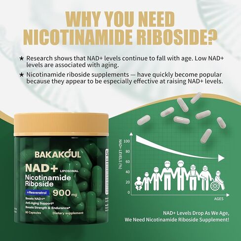 NAD Supplement - Liposomal Nicotinamide Riboside, Resveratrol, Quercetin, NAD Nicotinamide Riboside Resveratrol 900mg, NAD+ Supplement for Men and Women, 80 Capsules 1 Pack in Kuwait