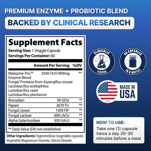 Digestive Enzymes with Probiotics – Broad Spectrum Enzyme Formula for Digestive Support, Bloating & Gas Relief, Lactase, Protease, Lipase – 60 Capsules in Saudi Arabia